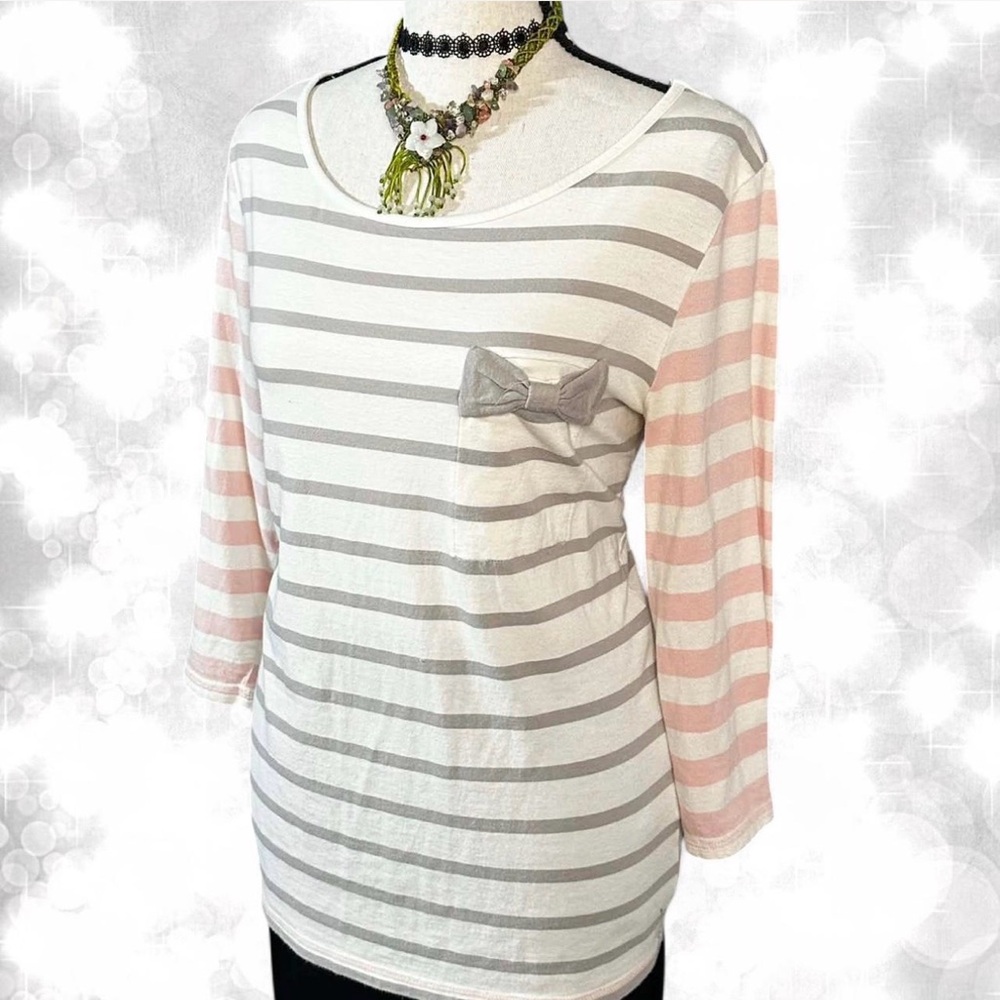 Babydoll Y2K Girly Striped Bow 3/4 Sleeve Top - Picture 2 of 7